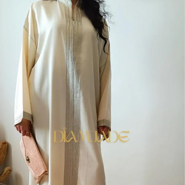 Caftan Makhzani blanc cassé en Brocart Satiné – Image 2