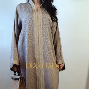 Caftan Makhzani Beige Taupe en Brocart Satiné