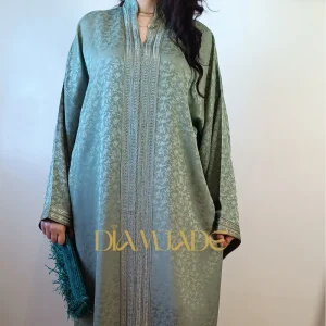 Caftan Makhzani vert tige en Brocart Satiné