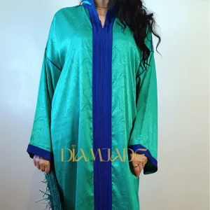 Caftan Makhzani vert bleu en Brocart Satiné