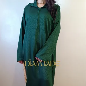 Djellaba verte tissu jacquard, coupe makhzania