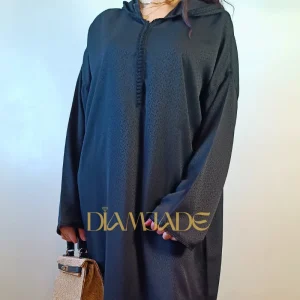 Djellaba noire tissu jacquard, coupe makhzania