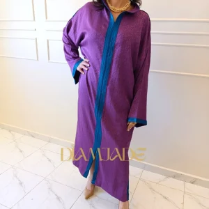 Caftan Makhzani mouve turquoise en Brocart Satiné